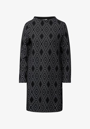 Robe noire avec un motif en diamants dans des tons de gris, dotée de manches longues et d'un col rond, fabriquée à partir d'un matériau en tricot texturé.