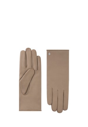 Paar glatte beige Lederhandschuhe, eines zeigt die Innenseite mit gesteppten Details, das andere die Rückseite mit kleinem Metall-Logo nahe dem Handgelenk.