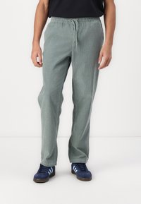 Pantaloni elastici, cu talie elastică, de culoare verde deschis, cu dungi. Textură netedă, croială lejeră, asortați cu sneakersi bleumarin cu dungi albastre deschise.