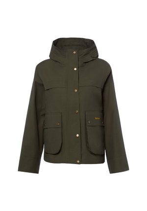 Olivgrüne Kapuzenjacke mit Druckknopfverschluss und zwei Fronttaschen, wobei eine Tasche ein kleines gelbes Markenlogo-Stickerei hat.