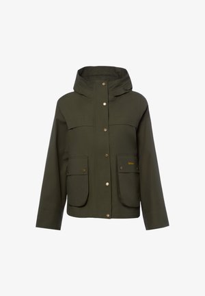 Olivgrüne Kapuzenjacke mit Druckknopfverschluss und zwei Fronttaschen, wobei eine Tasche ein kleines gelbes Markenlogo-Stickerei hat.