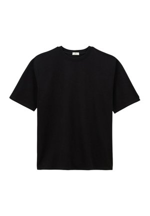 T-shirt noir avec col rond, manches courtes et coupe décontractée. Fabriqué en tissu de coton doux avec une texture lisse.