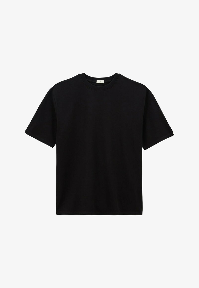 T-shirt noir avec col rond, manches courtes et coupe décontractée. Fabriqué en tissu de coton doux avec une texture lisse.