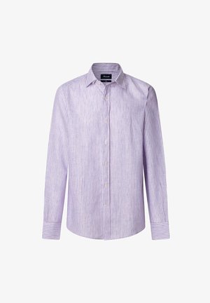 Lichtlavendelkleurig shirt met verticale blauwe en witte strepen, knoopsluiting aan de voorkant, puntige kraag en lange mouwen, gemaakt van een zachte stof.