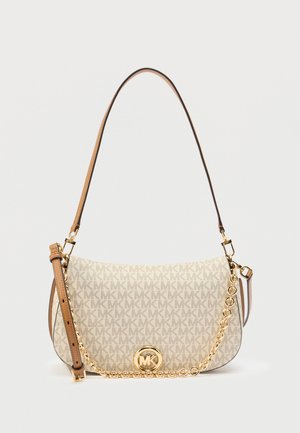 Beige and tan Michael Kors shoulder bag with MK logo pattern, gold chain detail, and adjustable leather strap on plain background.
