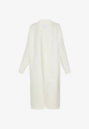 Cardigan lung, din tricot deschis, de culoare albă moale, cu un croi lejer, mâneci lungi și manșete și tiv ondulat.