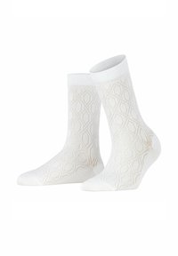 Weiße Socken mit einem Diamantmuster, aus weichem Stoff gefertigt, mit einem gerippten Bündchen und glatter Textur.
