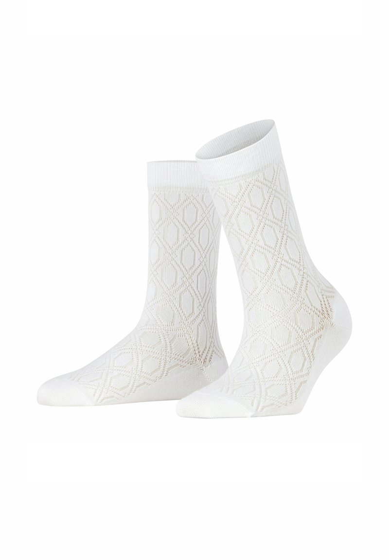 Weiße Socken mit einem Diamantmuster, aus weichem Stoff gefertigt, mit einem gerippten Bündchen und glatter Textur.