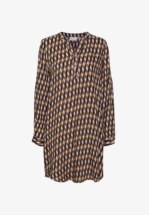 Túnica de manga larga con botones, con rayas diagonales geométricas en marrón, negro y rosa, que presenta un cuello mandarín y mangas con puños.