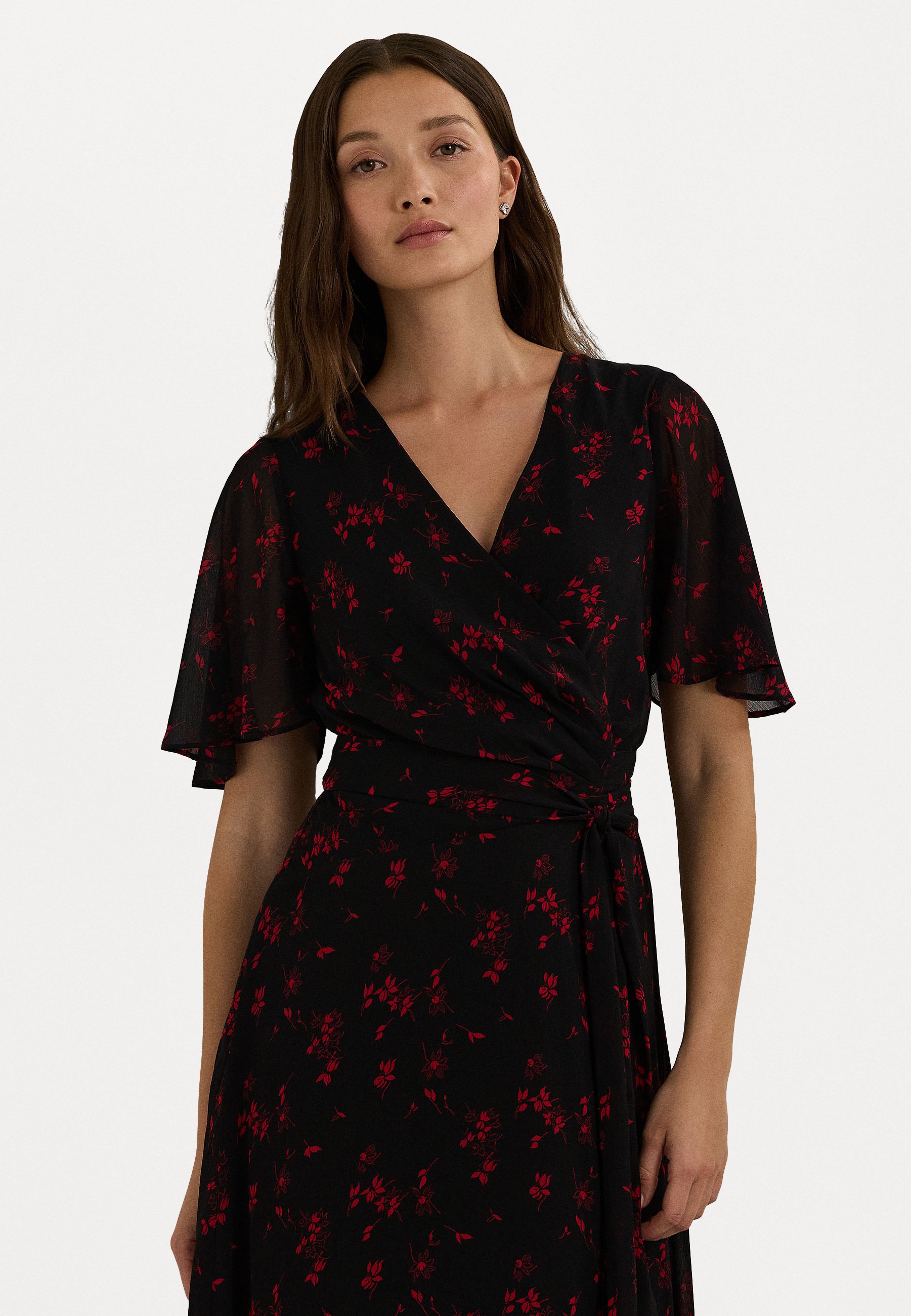 ralph lauren black dress with red flowers Ralph Lauren Black Dress with elegant ruffle and Pink Accent flowers