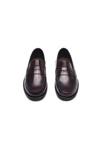 Burgundy leather loafers with a smooth finish and stitched detailing, featuring a rounded toe and low black rubber sole.