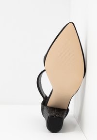 Chaussure à talon aigu noir avec une tige texturée, une fine bride au cheville et une semelle nude lisse présentant des rainures horizontales.