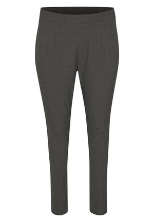 Dunkelgraue, schmal geschnittene Damenhose mit elastischem Bund und dezenten vorderen Falten, knöchellange, maßgeschneiderte Hose.