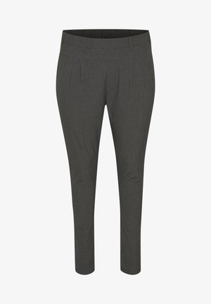 Pantalon slim gris foncé pour femmes avec une taille élastique et des plis frontaux subtils, pantalon tailleur longueur cheville.