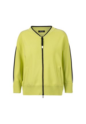 Hellgrüne Jacke mit Reißverschluss, schwarzen und weißen Streifen an den Ärmeln, gerippten Bündchen und Saum sowie zwei Fronttaschen.