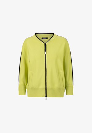 Hellgrüne Jacke mit Reißverschluss, schwarzen und weißen Streifen an den Ärmeln, gerippten Bündchen und Saum sowie zwei Fronttaschen.