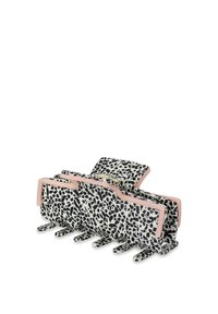 Clips per capelli in plastica con un motivo a pois bianco e nero, dotati di una cerniera rosa. Quattro artigli per afferrare i capelli. Texture liscia.
