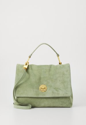 Green suede handbag with a gold hardware accent. Features a top handle and an adjustable shoulder strap. Smooth texture and minimalist design.