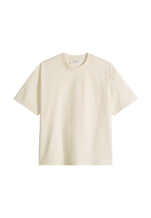 Cream-colored short-sleeve crew neck t-shirt with a relaxed fit, displayed flat against a white background.