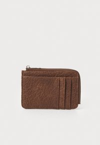 Brown leather wallet with a textured finish, featuring a zipper compartment and multiple card slots on one side. Compact rectangular shape.