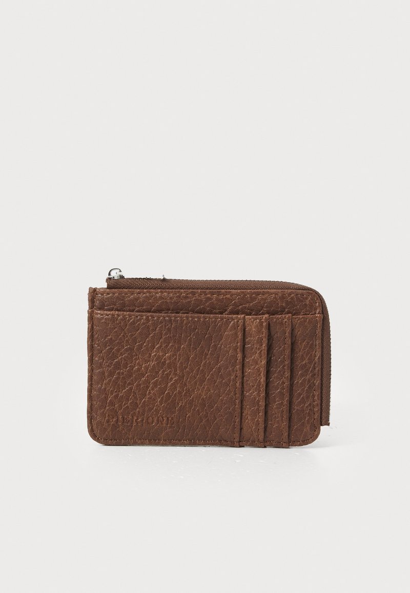 Brown leather wallet with a textured finish, featuring a zipper compartment and multiple card slots on one side. Compact rectangular shape.
