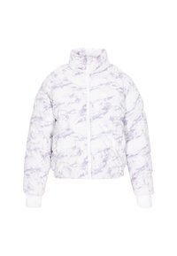 White puffer jacket with a marble pattern in purple. Cropped design, high collar, and zip closure. Ribbed cuffs at the sleeves.