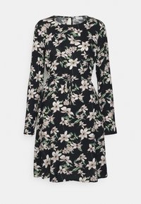 Svart blommig klänning med långa ärmar, prydd med rosa och gröna blommönster, dragsko i midjan och rund halsringning med nyckelhål i ryggen.