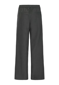 Bredbenede grå bukser lavet af blødt stof, med elastisk talje og to baglommer, med en glat overflade og minimalistisk design.