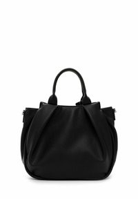Black leather handbag with a textured finish, rounded handles, and a gathered design at the top. Features zippers on either side.