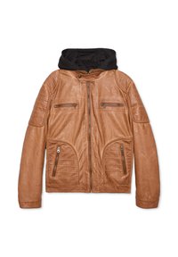 Chaqueta de cuero marrón con capucha negra, con bolsillos frontales con cremallera, bolsillos laterales y detalles acolchados en los hombros.