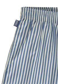 Shorts de pyjama rayés verticaux bleu et crème avec une taille élastique et une petite étiquette logo sur le côté ; texture du tissu lisse.