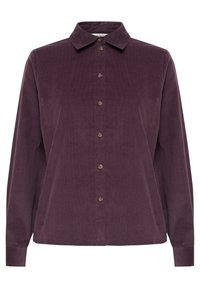 Purple corduroy button-up shirt with long sleeves, pointed collar, seven buttons down the front, and a relaxed fit.