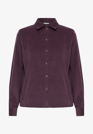 Paarse corduroy overhemdd met lange mouwen, puntige kraag, zeven knopen over de voorkant en een losse pasvorm.