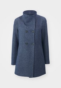 Double-breasted coat in dark blue textured fabric. Features a high collar and two black buttons. Straight cut with long sleeves.