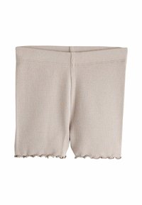 Beżowe szorty z prążkowanej tkaniny z falowanym dołem, wykonane z miękkiego materiału, z elastycznym pasem dla wygodnego dopasowania.