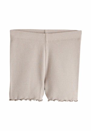 Beezhitud beežid lühikesed püksid sakilise alläärega, pehme tekstuuri ja mugava elastse vöökohaga.