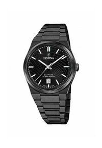 Montre Festina avec un bracelet en métal noir, cadran rond noir avec une surface texturée, marqueurs des heures argentés et un affichage de la date. Cristal saphir.