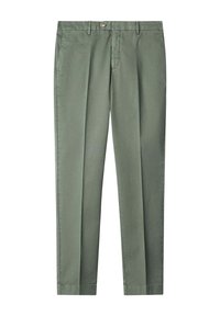 Pantalon vert à jambes droites en tissu doux. Il comprend une ceinture avec une fermeture à bouton et des plis à l'avant pour un look soigné.