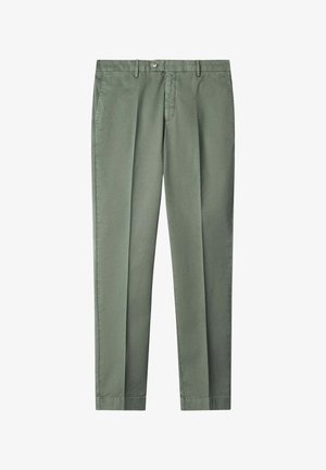 Green, straight-leg trousers made of soft fabric. Features a waistband with a button closure and front pleats for a tailored look.