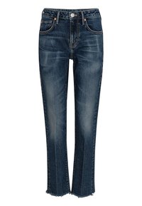 Jean en denim bleu foncé à coupe droite, avec un ourlet brut, deux poches avant et une légère décoloration. Fermeture à bouton en métal à la taille.