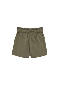 Olivgröna shorts med ett volangbeklädd elastiskt midjeband, lätt material och en avslappnad passform. Har två sidofickor och en rak fåll.