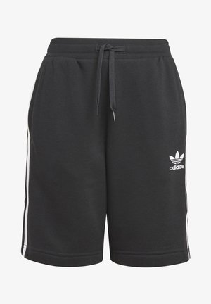 Pantalones cortos de algodón negros con cintura de cordón, que presentan rayas laterales blancas y un pequeño logo blanco de Adidas en el muslo izquierdo.