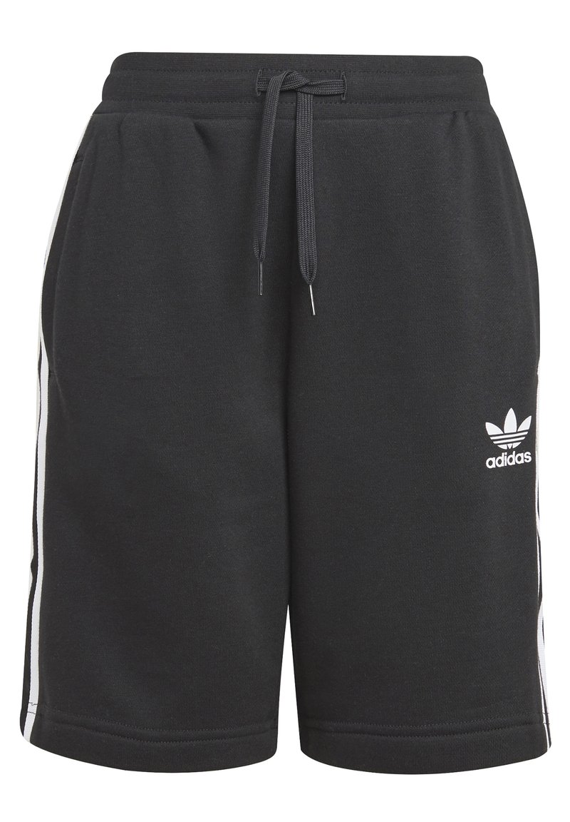 Juodos medvilninės šortai su raišteliu talijoje, su baltais šonų dryžiais ir mažuoju baltu Adidas logotipu kairėje šlaunies pusėje.