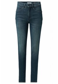 Jeans skinny de mezclilla azul oscuro con un diseño de cinco bolsillos, pasadores para cinturón y un sutil desgaste en los muslos. Textura suave y forma ajustada.