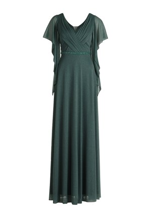 Langes grünes Kleid aus strukturiertem Stoff mit kurzen, fließenden Ärmeln und einem gefalteten Oberteil, das einen mit Perlen verzierten Akzent an der Taille aufweist.