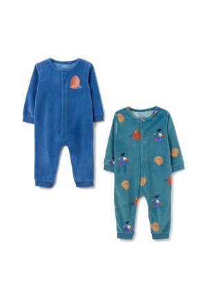 Zwei Langarm-Babyschlafanzüge, einer ein einfarbiges Blau mit einem kleinen orangefarbenen Monster, der andere in teal mit einem bunten Monsterdesign und Druckknopfverschlüssen.