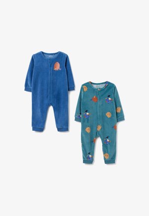 Twee lange mouw baby rompers, de ene effen blauw met een kleine oranje monster, de andere teal met een kleurrijk monsterpatroon en drukknoopsluitingen.