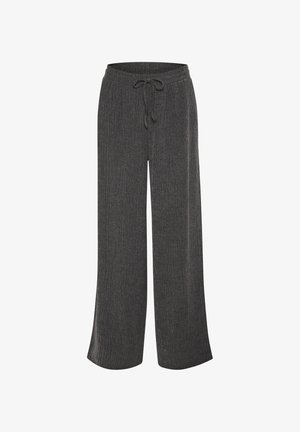 Pantalones anchos grises hechos de un tejido de punto texturizado, con cintura ajustable y un corte relajado, ideales para un uso casual.