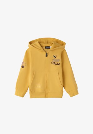 Gelbe Zip-Hoodie mit Kängurutasche, besticktem Text "KEEP CALM" und "STAY POSITIVE" sowie Kapuze. weicher, strukturierter Stoff.