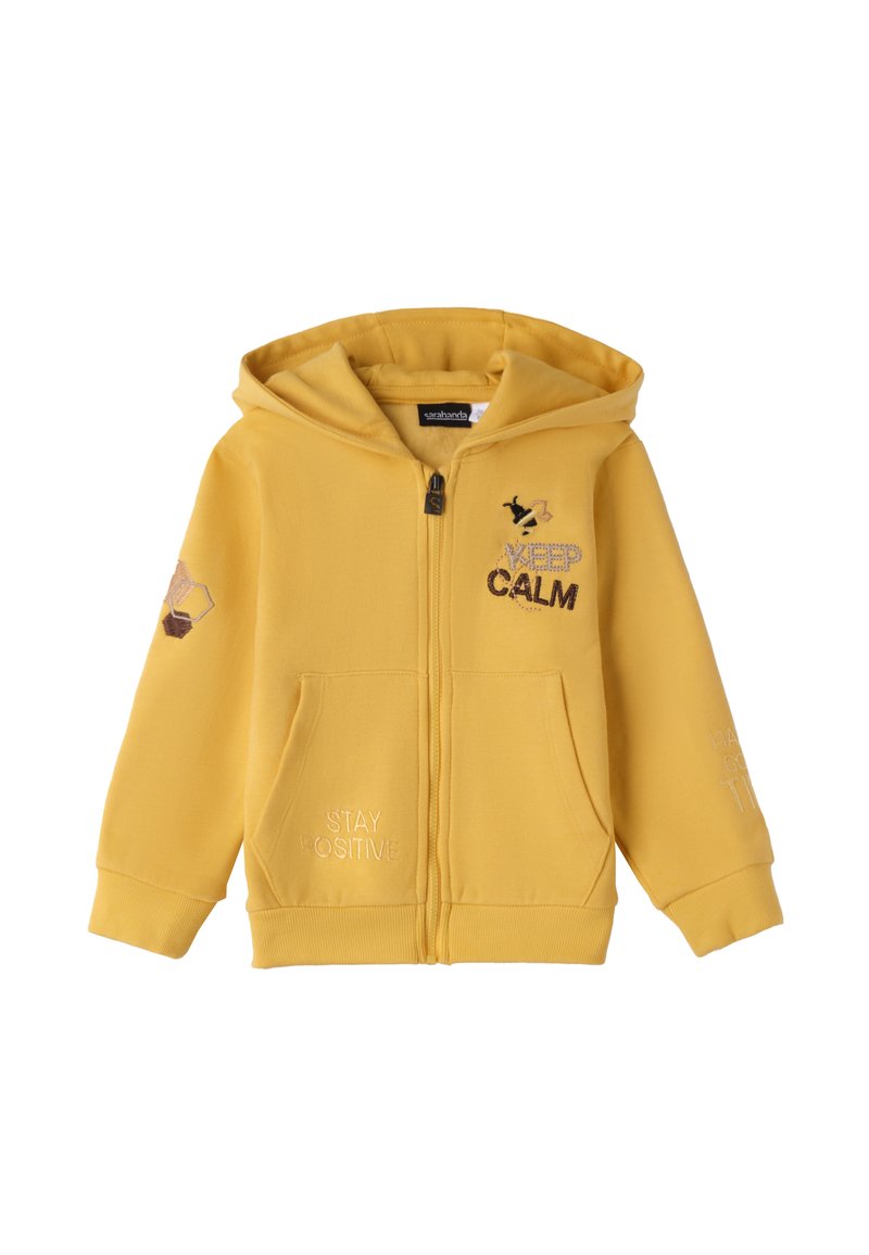 Sudadera amarilla con cremallera y bolsillo tipo canguro, texto bordado "MANTEN LA CALMA" y "MANTENTE POSITIVO", y capucha. Tejido suave y texturizado.